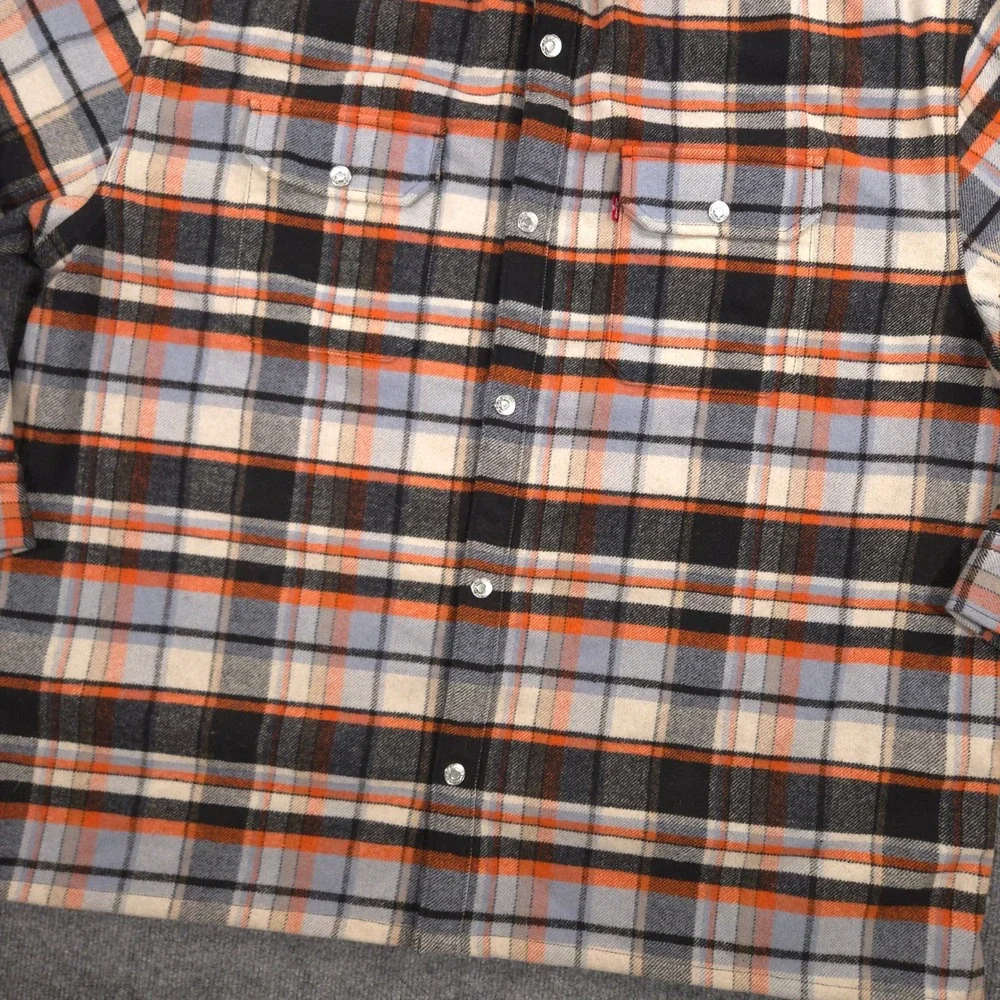 Levis Flannel‎ Shirt Jacket Mens XL Orange Plaid Wool Blend Oversized Shacket